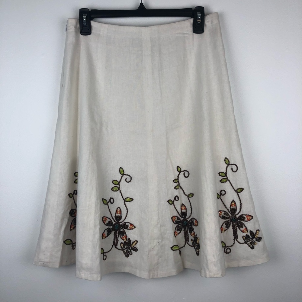 Vintage Carole Little Embroidered Linen A-Line Flared Skirt with Liner
